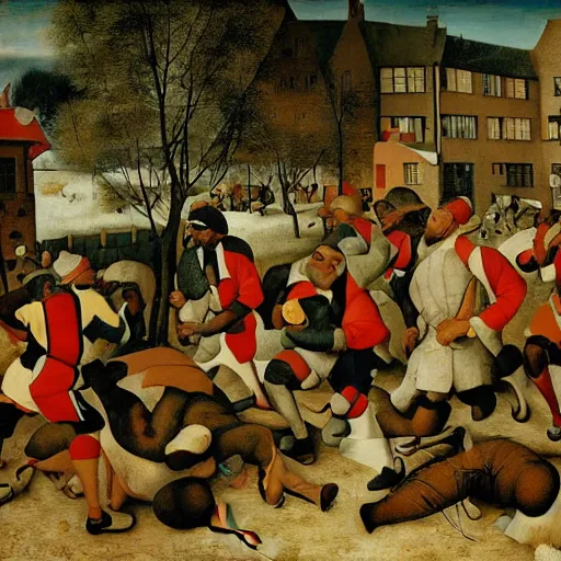 Prompt: harlem trotters depicted in a pieter bruegel painting, dramatic