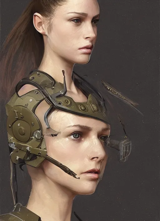 Prompt: a stereo photograph of a beautiful young female, clothed in military armor, olive skin, long dark hair, beautiful bone structure, symmetrical facial features, intricate, elegant, digital painting, concept art, smooth, sharp focus, illustration, stereograph, from Metal Gear, by Ruan Jia and Mandy Jurgens and Artgerm and William-Adolphe Bouguerea