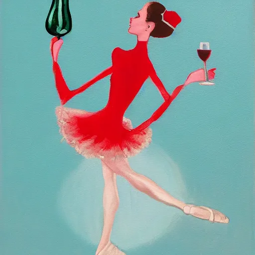 Image similar to painting of a ballerina drinking wine in a teal room, red background