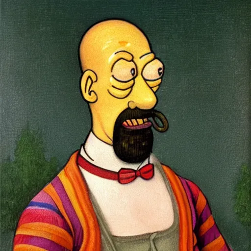 Image similar to vividly colorful oil painting portrait of Homer Simpson wearing aristocratic dress in the style of Cranach the Younger
