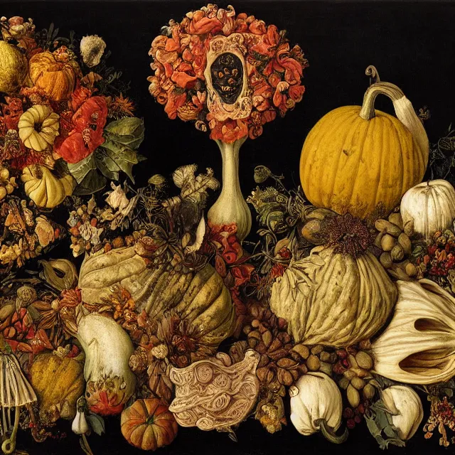 Prompt: victorian thanksgiving feast, flowers and gourds, black background, vanitas, still life by giuseppe arcimboldo, intricate high detail masterpiece