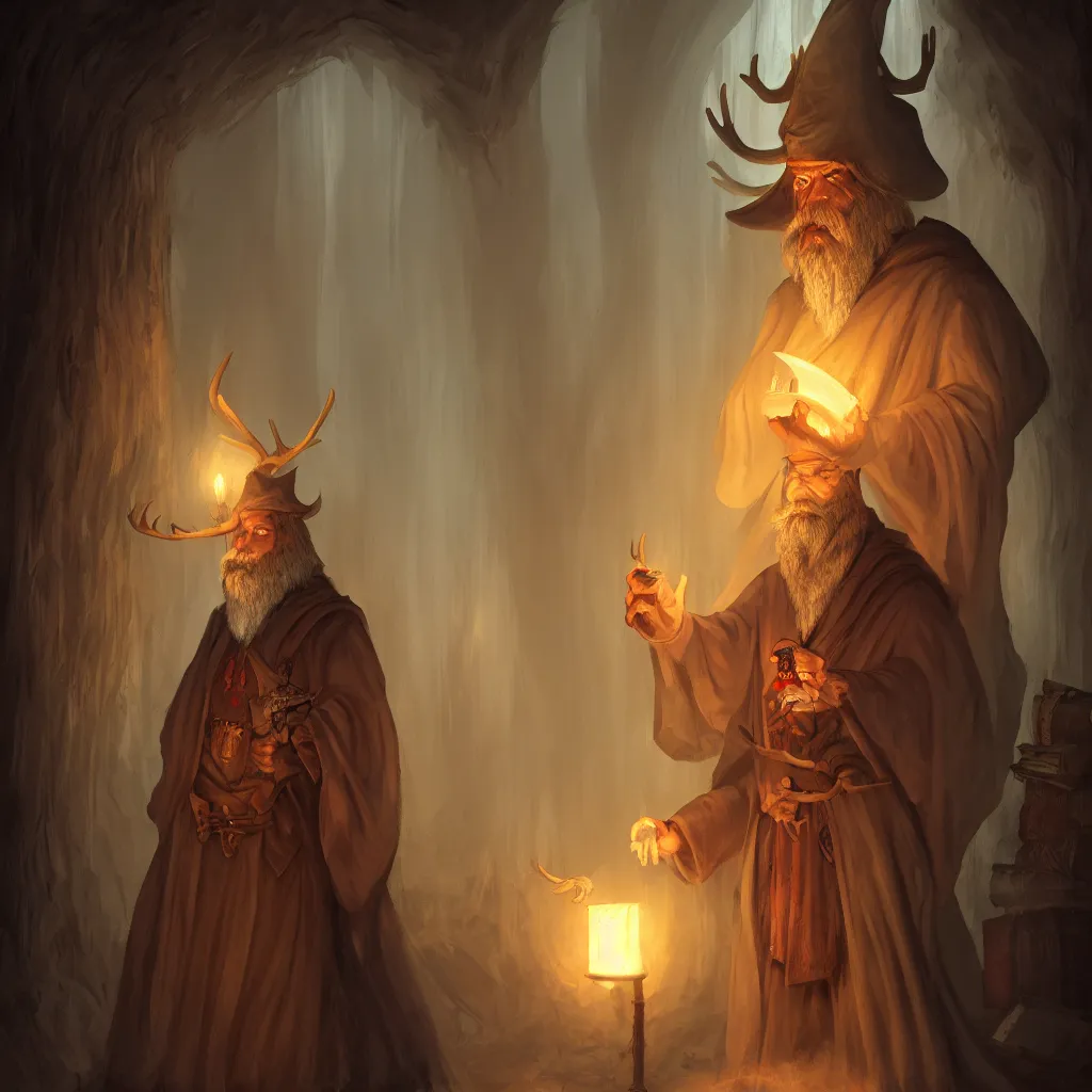 Prompt: character design portrait of a moose wizard with a long white beard in a magic cloak and magic hat, in the background an old attic full of magic scrolls and old books, matte painting, fantasy illustration, warm lantern light, dusty atmosphere