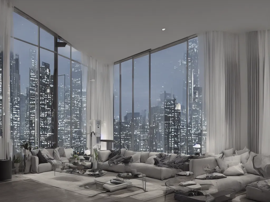 Image similar to a Photorealistic hyperrealistic interior night time render of a beautifully decorated modern apartment overlooking a megapolis,Nikon Z7, ISO 64,Nikkor 20mm f1.8 lens,aperture f/9,exposure 1/40secs