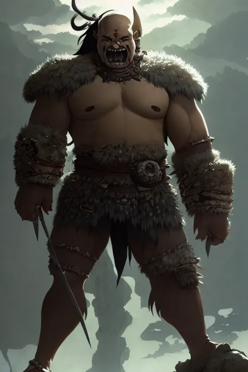 Image similar to orc barbarian wearing leather armor, full body shot, exquisite details, earth magic, mid view, design on a white background, by greg rutkowski, makoto shinkai, takashi takeuchi, studio ghibli