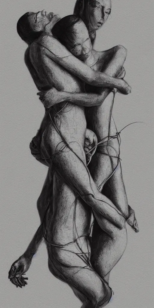 Prompt: shibari, abstract human bodies in a loving embrace, surrealism