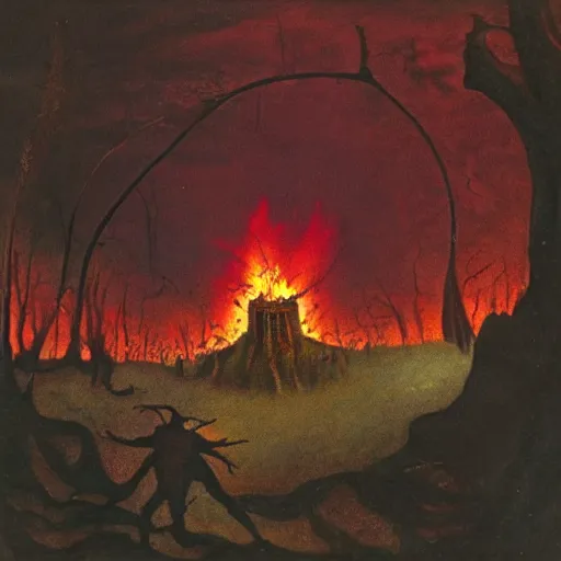 Image similar to beelzebub next to an oak tree aflame, still, fog in background, dantes inferno, evil album cover