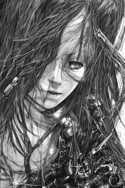 Image similar to a vertical portrait of a character in a scenic environment by Yoshitaka Amano, black and white, dreamy, cybernetic suit, wavy long black hair, highly detailed