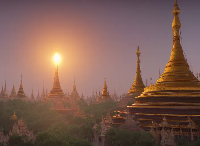 Image similar to A detailed matte painting of the Shwedagon Pagoda temple, huge scale, volumetric lighting, hyper-realistic, photorealistic, digital art, trending on Artstation, 4k, post-processing, Greg Rutkowski