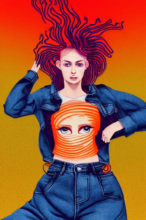 Image similar to a award winning half body portrait of a beautiful woman with stunning eyes in a croptop denim jacket and cargo pants with ombre red orange teal hairstyle head in motion and hair flying while dancing by thomas danthony, surrounded by whirling illuminated lines, outrun, vaporware, shaded flat illustration, digital art, trending on artstation, highly detailed, fine detail, intricate