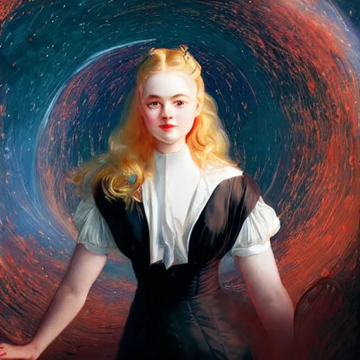 Image similar to leyendecker and peter paul rubens, head and shoulders portrait of a elle fanning in front of a black hole in space, unreal engine, fantasy art by global illumination, radiant light, detailed and intricate environment