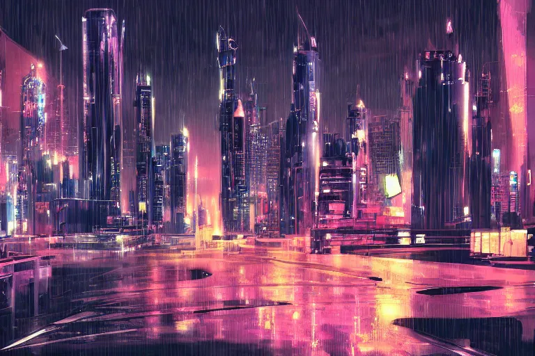 Prompt: futuristic city at nighttime In the style of Syd Mead, raining, digital art, dramatic lighting