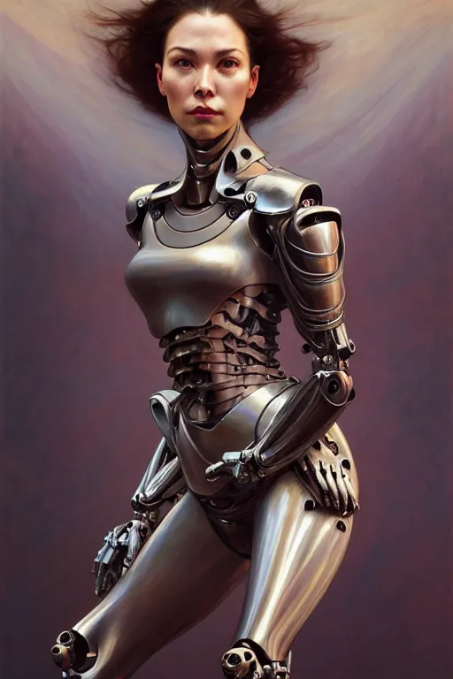 Prompt: >> professional portrait of female biomechanic famous actress in pose in front of classy car, armor elements , long dark hair, beautiful bone structure, symmetrical facial features, intricate, elegant, digital painting, concept art, smooth, sharp focus, illustration, by Ruan Jia and Mandy Jurgens , and mucha, and Artgerm and William-Adolphe Bouguerea