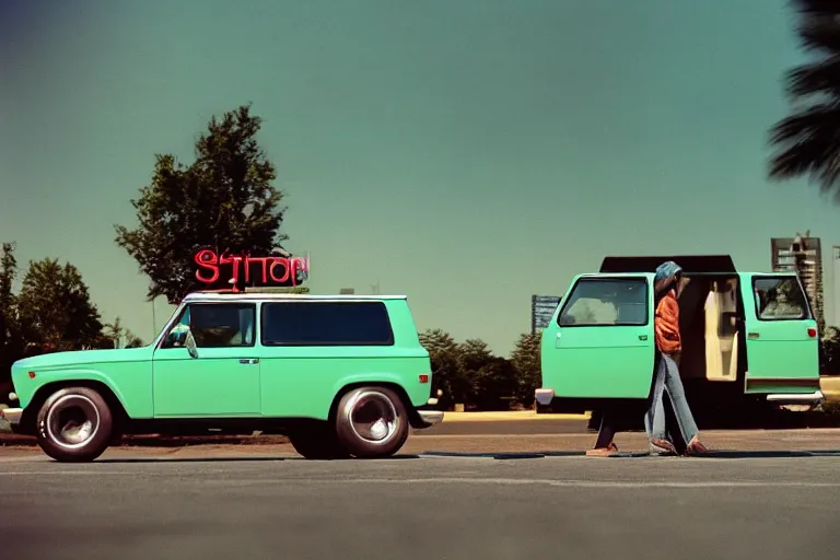 Image similar to stylized poser of a single 1973 Volkwagen Bronco, thick neon lights, ektachrome photograph, volumetric lighting, f8 aperture, cinematic Eastman 5384 film