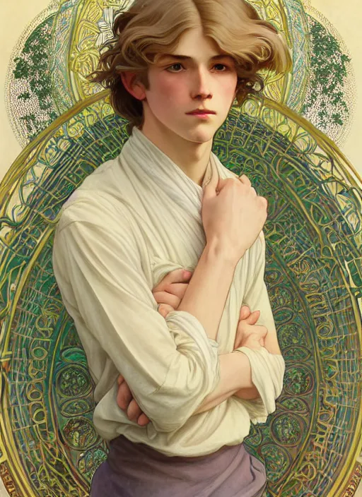 Image similar to pretty young man with shoulder length blond hair, male, half body shot, path traced, highly detailed, high quality, digital painting, by studio ghibli and alphonse mucha, leesha hannigan, hidari, art nouveau, chiho aoshima, jules bastien - lepage