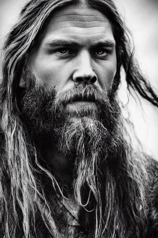 Prompt: realistic photo of a handsome viking man with long hair, highly detailed, portrait, close - up,