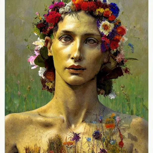 Prompt: a sculpture portrait made of papper and sand and flowers and plants, painting part by wojciech siudmak, part by ilya repin, part by max ernst, part by norman rockwell, artstation