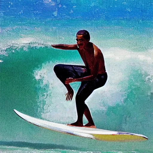Image similar to an artistic photo of barack obama surfing in hawaii, high quality, colourful, hero, 1 9 8 8, heroic, artistic, beautiful, in the style of vincent van gogh