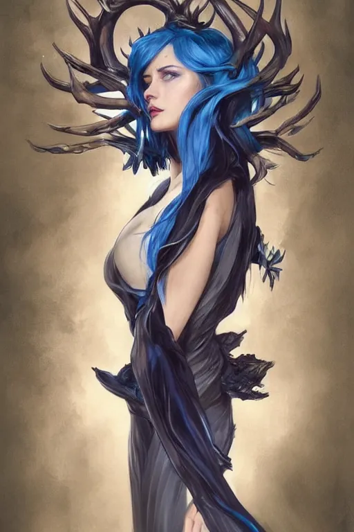 Image similar to fullbody!! dynamic action pose, beautiful woman with blue hair, big antlers on her head, long flowing black dress, dnd, face, fantasy, intricate, elegant, highly detailed, digital painting, artstation, concept art, smooth, sharp focus, illustration, art by artgerm and greg rutkowski and alphonse mucha