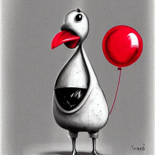 Prompt: surrealism grunge cartoon portrait sketch of a chicken with a wide smile and a red balloon by - michael karcz, loony toons style, horror theme, detailed, elegant, intricate