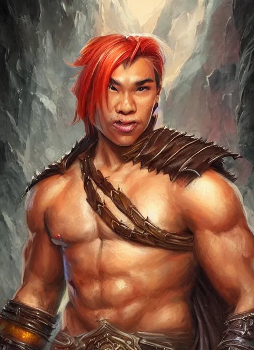 Image similar to muscly asian man mid parted hair, dndbeyond, bright, colourful, realistic, dnd character portrait, full body, pathfinder, pinterest, art by ralph horsley, dnd, rpg, lotr game design fanart by concept art, behance hd, artstation, deviantart, hdr render in unreal engine 5