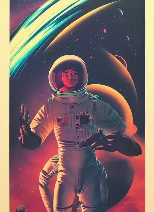 Image similar to a meditating astronaut, by vincent di fate, artgerm julie bell beeple, 1 9 8 0 s, inking, vintage 8 0 s print, screen print