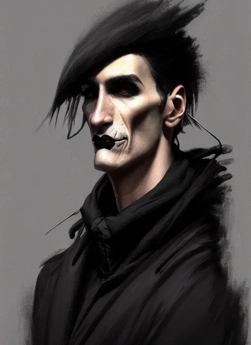 Image similar to portrait of a strange man with a crooked nose and a confident expression, 1 9 6 0 s, black clothes, goth, punk, funk, intricate, elegant, highly detailed, digital painting, artstation, concept art, smooth, sharp focus, illustration, art by wlop, mars ravelo and greg rutkowski