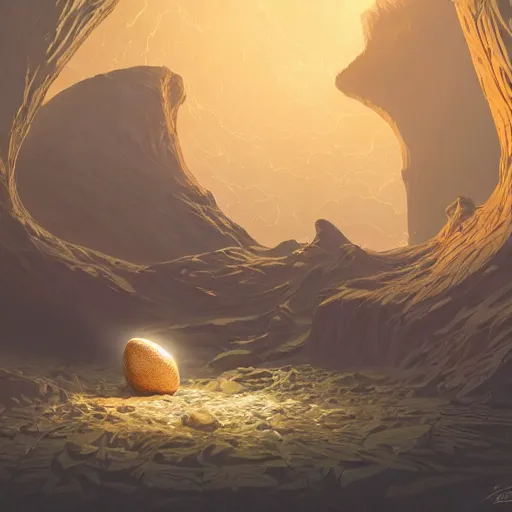 Image similar to epic cracked dinosaur egg, magical, backlighting, dramatic lighting, epic cinematic lighting, epic composition, hyper detailed, highly detailed, hyper realistic, in the style of moebius, james jean, mcbess!!!, cinematic, highly detailed, award winning, 8 k photorealistic