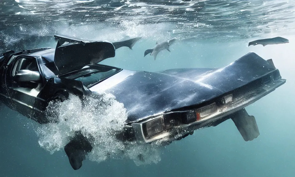 Image similar to photo of a delorean swimming underwater with sharks