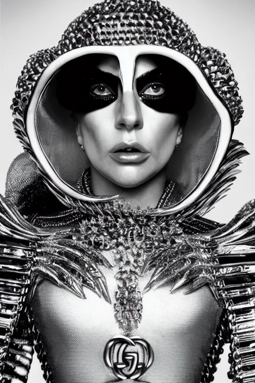 Prompt: very angry lady gaga forced by gucci for modeling in new gucci armor, luxury materials, symmetrical, cinematic, elegant, professional studio light, real dlsr photography, sharp focus, 4 k, ultra hd, sense of awe, high fashion