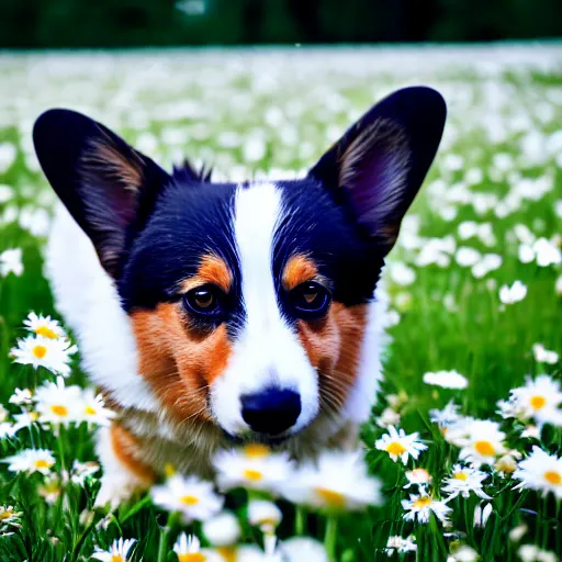 Prompt: a corgi running through a field of daisies, high quality photo, shallow depth of field