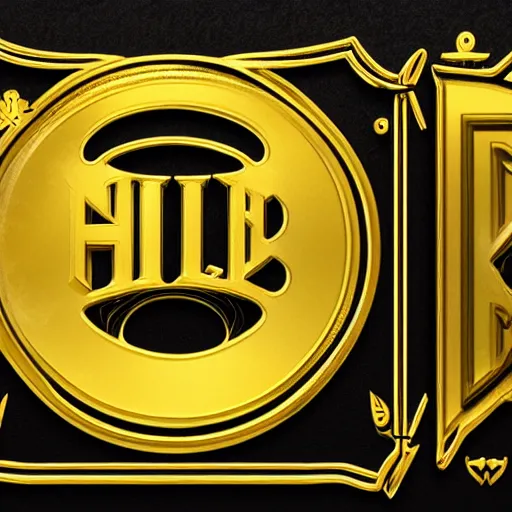 Prompt: a logo made with the text hel mort, letter in gold on a black texture background with gold plants around the letters, detailed, simmetric, professional,