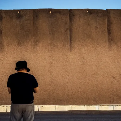 Image similar to Mike Myers gazing at the US-Mexican Wall, XF IQ4, f/1.4, ISO 200, 1/160s, 8K, RAW, unedited, symmetrical balance, in-frame