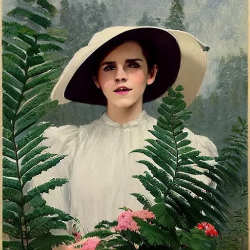 Image similar to sleeping thick paint brush strokes full body fashion model smiling emma watson by Jeremy Lipking by Hasui Kawase by Richard Schmid (((smokey eyes makeup eye shadow fantasy, glow, shimmer as victorian woman in a long white frilly lace dress and a large white hat having tea in a sunroom filled with flowers, roses and lush fern flowers ,intricate, night, highly detailed, dramatic lighting))) , high quality