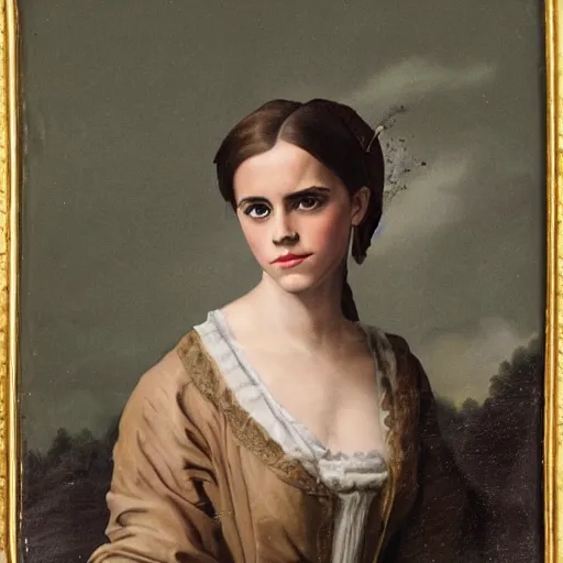 Image similar to A portrait of Emma Watson. Colonial Era Painting.