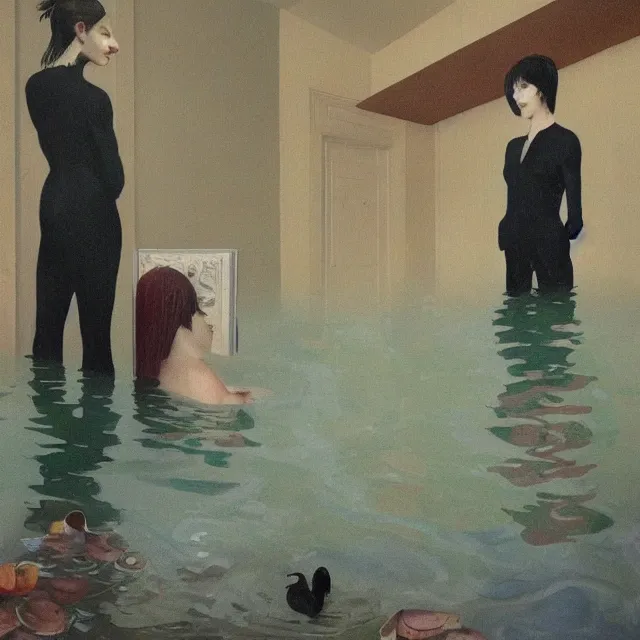 Image similar to tall female emo artists in their flooded apartment, painting of flood waters inside an artist's home, a river flooding indoors, pomegranates, pigs, ikebana, zen, water, octopus, river, rapids, waterfall, black swans, canoe, berries, acrylic on canvas, surrealist, by magritte and monet