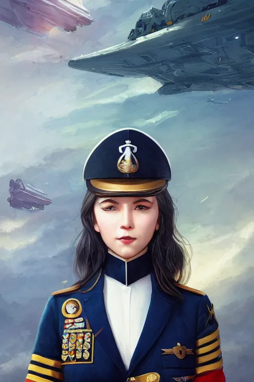 Image similar to beautiful portrait of a female officer wearing a fancy naval uniform, art by wlop and artgerm, science fiction, detailed eyes, spaceship interior, trending on artstation, sharp focus, illustration, caustics, octane render, 4 k, radiant light