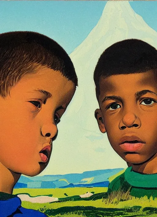 Image similar to an extreme close - up low angle portrait of a young boy and his young brother in a scenic representation of mother nature and the meaning of life by billy childish, thick visible brush strokes, shadowy landscape painting in the background by beal gifford, vintage postcard illustration, minimalist cover art by mitchell hooks
