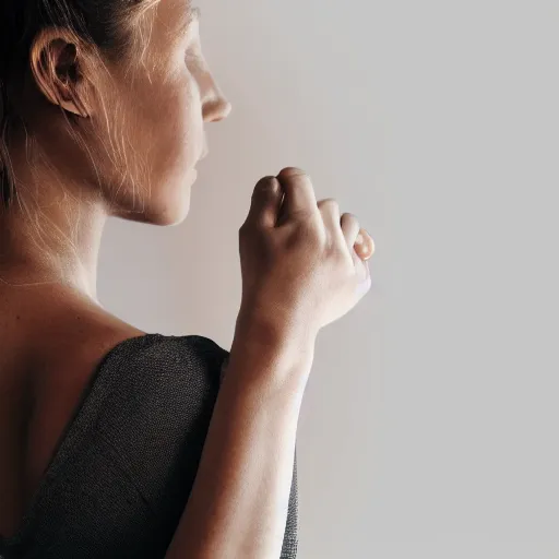 Image similar to a female examines her arm which is made out of complex scientific data visualised with lines and symmetrical patterns. cinematic 8 k, depth of field, bokeh.