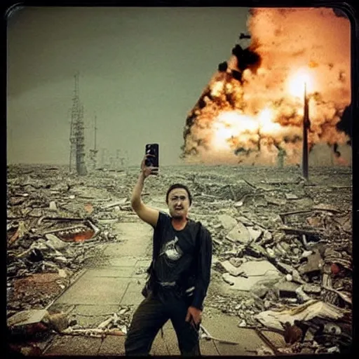 Prompt: the last selfie taken in the world. nuclear apocalypse, highly detailed,