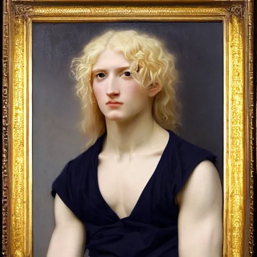 Image similar to PORTRAIT Painting of an albino germanic young androgynous Apollo. LONG CURLY light blond hair. Sharp angular clean shaven face high cheekbones hooked nose. Art by william adolphe bouguereau. During golden hour. Extremely detailed. Beautiful. 4K. Award winning.