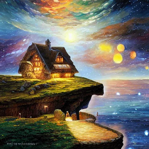 Image similar to cottage in the stars, cliffs of galaxies cryengine render by android jones, james christensen, rob gonsalves, leonid afremov and tim white