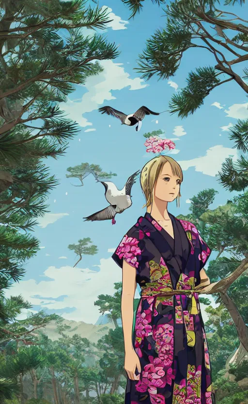 Prompt: gta5, girl next to a japanese crane bird in japanese pines, trading card front, kimono, realistic anatomy, concept art, by studio ghibli, anime style, sun in the background