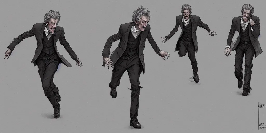 Prompt: cartoonish peter capaldi running away, character sheet, fine details, concept design, contrast, kim jung gi, greg rutkowski, trending on artstation, 8 k, full body, turnaround, front view, back view, ultra wide angle