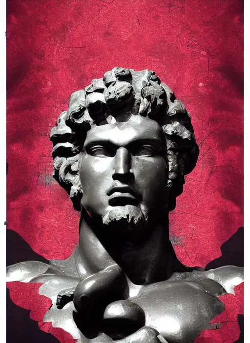 Image similar to dark design poster showing a statue of hercules, black background with very subtle red purple design elements, powerful, nekro, vito acconci, thin straight lines, dark, glitch art, neo vaporwave, gritty, layout frame, square, trending on artstation