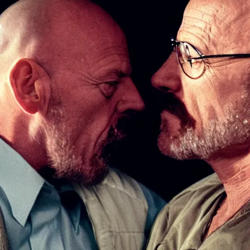 Prompt: mike ehrmantraut kissing walter white, face close up