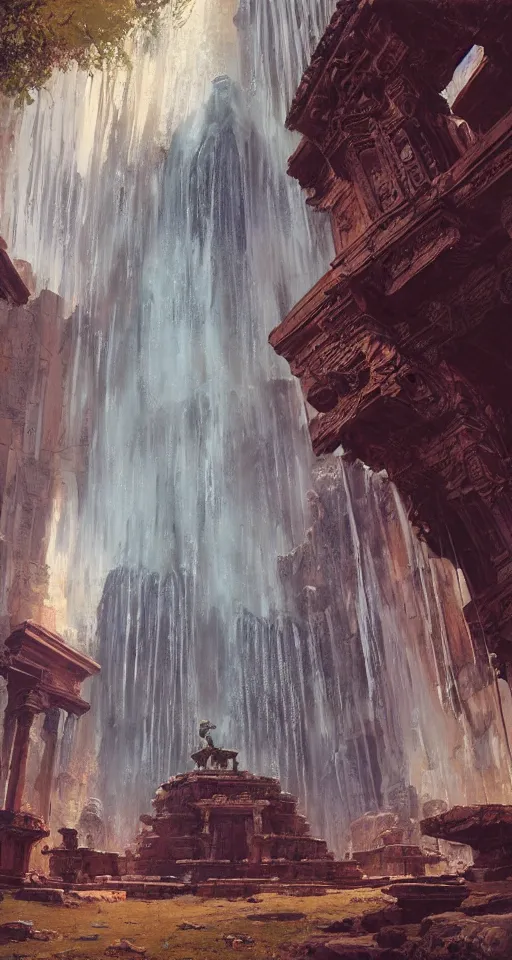 Image similar to looking up at ancient temple ruins interior, waterfall, huge statues, intricate, elegant, vivid colors, highly detailed, john park, craig mullins, sparth, ruan jia, jeffrey catherine jones