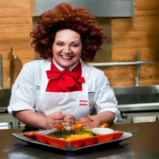 Prompt: Picture from Top Chef Season 99 - Ronald Mcdonald at Judge's Table