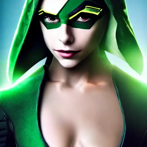 Image similar to film still of willa holland as an attractive female green arrow in the 2 0 1 7 film justice league, bleach blonde hair, focus on facial details, minimal bodycon feminine costume, dramatic cinematic lighting, inspirational tone, suspenseful tone, promotional art