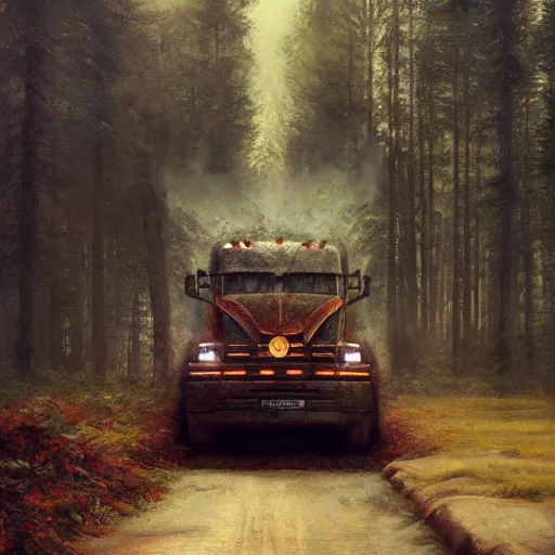 Image similar to a truck in the woods, digital art by ruan jia and mandy jurgens and artgerm, highly detailed, trending on artstation, award winning