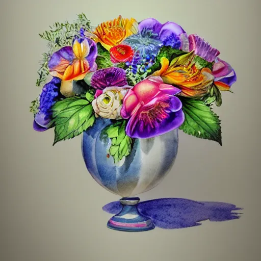 Prompt: a porcelain vase with a colorful and beautiful flower arrangement. watercolor and pencil drawing style. beautiful lighting, 4 k post - processing, trending in art station, cg society, highly detailed, 5 k extremely detailed, 3 d. cinematic scene.